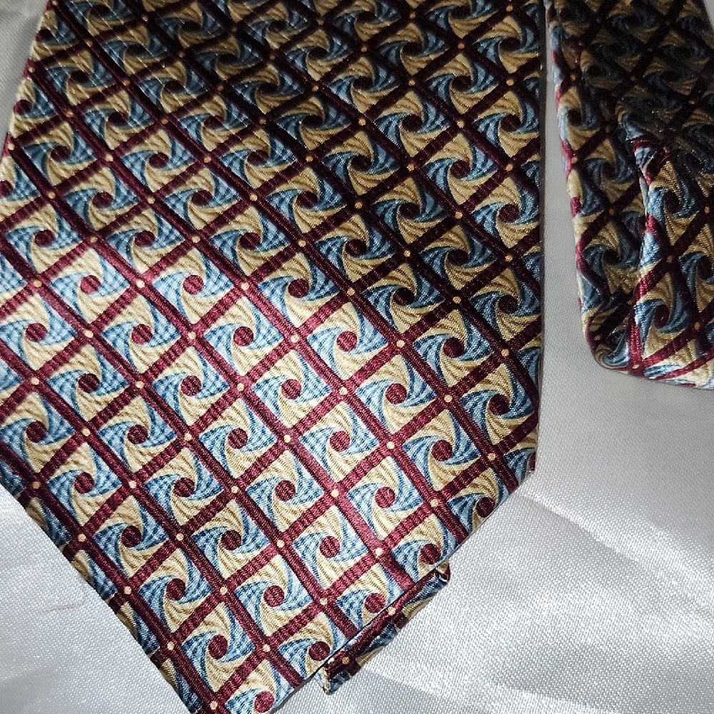 Adolfo Red and Blue Silk Tie with Geometric Pattern - Picture 2 of 3